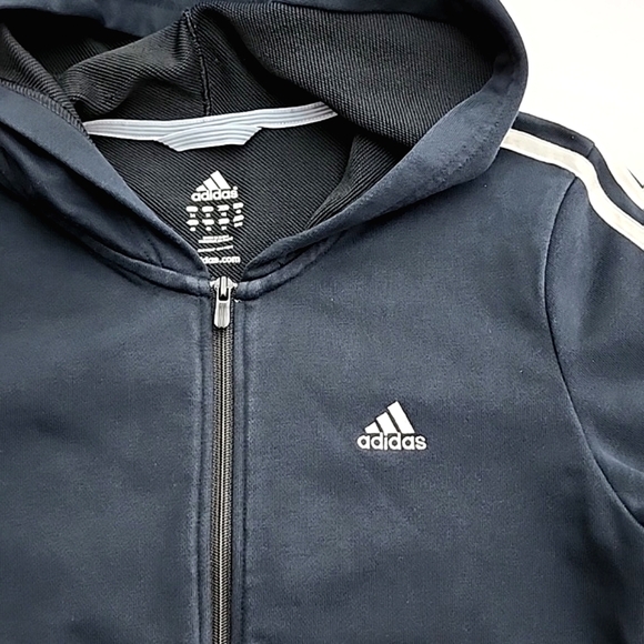 Adidas Women's Navy White Full  Zip Hoodie 3 Stripes Pockets Size Medium - Picture 4 of 13